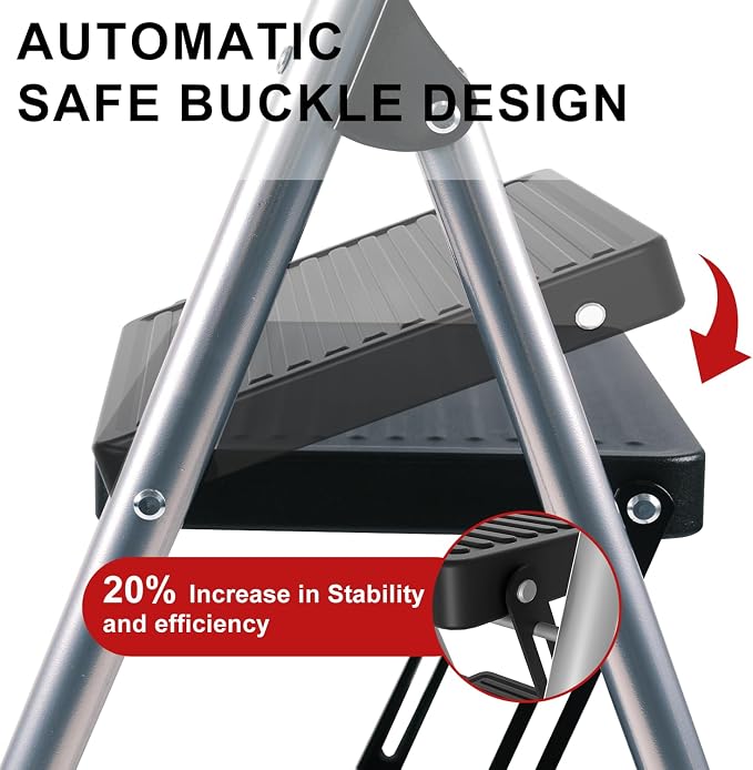 3 Step Ladder for Kitchen Step Stool, Lightweight Folding Step Stool with Curved Safety Handrail, Auto-Lock Mechanism & Non-Slip Wide Pedals, Slim&Foldable for Home Indoor（Sliver）