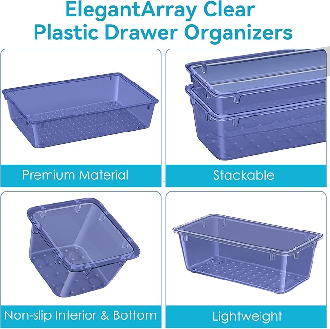 ElegantArray 12 PCS Drawer Organizer Set, 4 Sizes Tool Storage Trays, Clear Plastic Makeup Vanity Organizer and Storage Bins for Stationeries, Multiple Gadgets for Office, Bedroom, Navy Blue