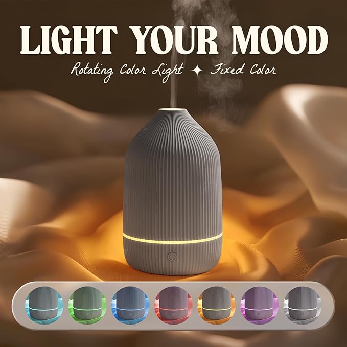 Essential Oil Diffuser, 100ml Aromatherapy Diffuser, Mini Ultrasonic Diffuser for Essential Oil, Home, Office, Cool Mist Humidifier with 7 Led Light, Auto Shut-Off, Grey
