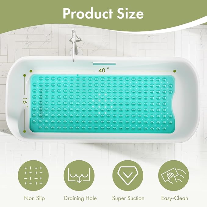AmazerBath Shower Mat Non Slip 40 x 16 Inches, Shower Stall Mats with Suction Cups and Drain Holes, Non Slip Bath Mat for Tub for Elderly & Kids, Clear Green