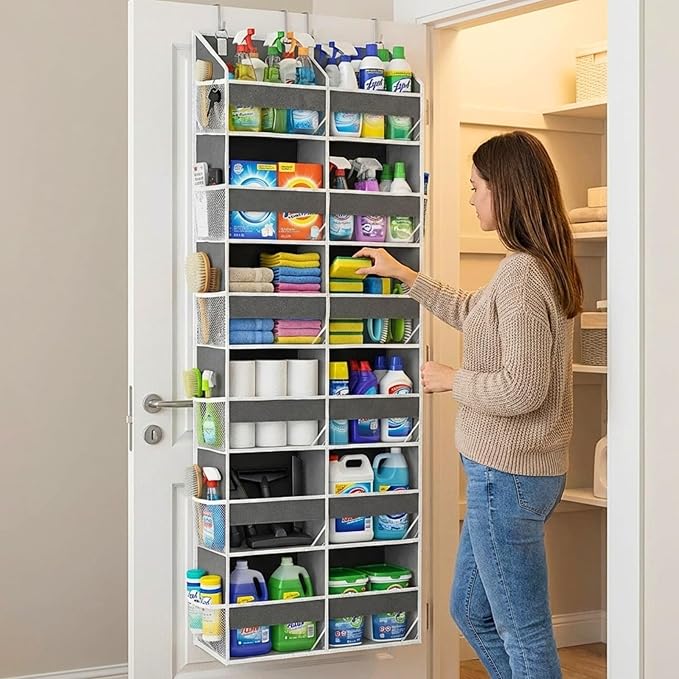 2 Pack Over The Door Organizer 6 Tiers, Extra Large Behind Door Storage of 12 Compartments, 80 lbs Weight Capacity Hanging Storage Organizer with Clear Window Kids Toys,Shoes (6 Tiers - Grey)