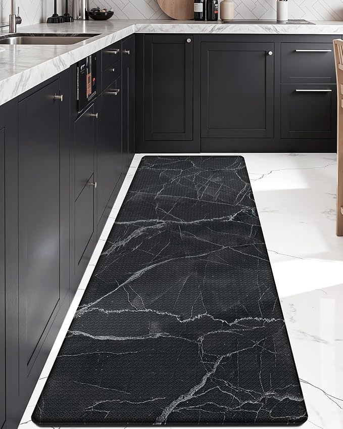 DEXI Kitchen Floor Mats Cushioned Anti Fatigue, 23x86 Large Long Standing Comfort Runner Rug Waterproof, Marble Memory Foam Padded for Front Sink Laundry, Black