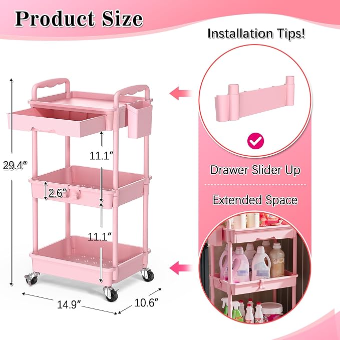 SUNALLY 3 Tier Rolling Cart with Drawer, Bathroom Storage Organizer with 2 Lockable Wheels, Multifunctional Rolling Storage Cart for Bathroom, Kitchen, Office, Craft, Makeup, Baby Essentials, Pink