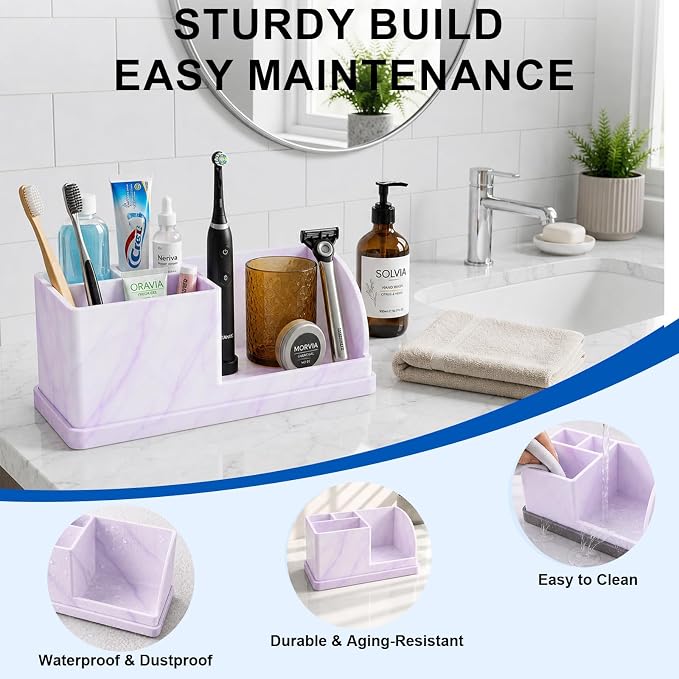 Bathroom Toothbrush Holders, 4 Slots Silicone Counter Organizer Storage with Purple Marble Texture, Detachable Anti-Slip Vanity Organizer for Electric Toothbrush, Toothpaste & Phone