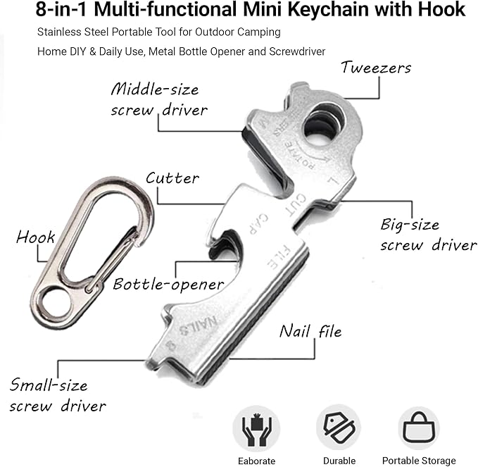 8-in-1 EDC Multi-Tool Keychain with Carabiner Clip, Heavy Duty Pocket Tool with Screwdrivers, Bottle Opener, Cutter & Survival Functions, 1 Pack (Silver)