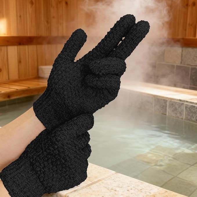 Evridwear Exfoliating Dual Texture Bath Gloves for Shower, Spa, Massage and Body Scrubs, Dead Skin Cell Remover, Gloves with Hanging Loop (1 Pair Black Heavy Glove)