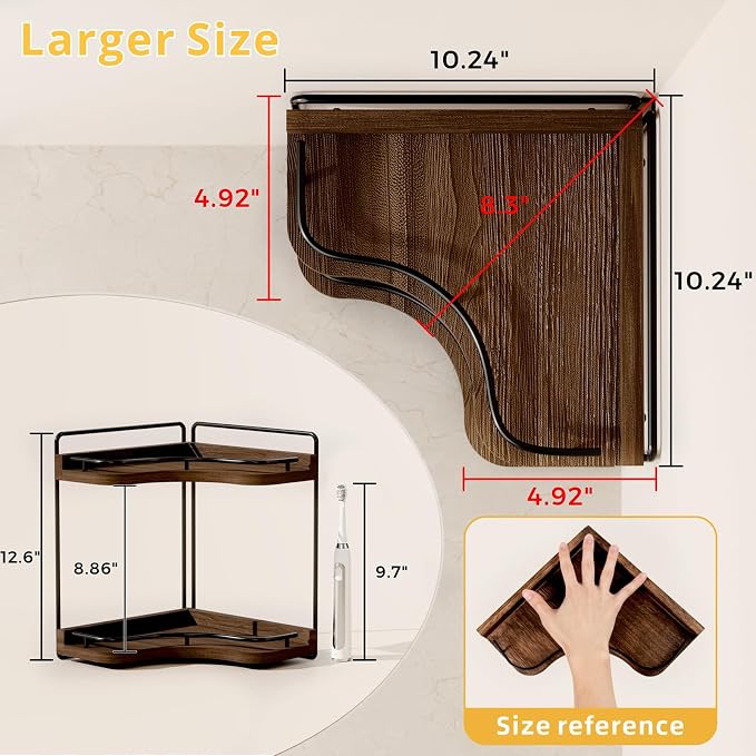 2-Tier Corner Bathroom Counter Organizer with Embedded Screw Holes, Secure & Stable Wood Vanity Shelf for Makeup and Skincare Essentials - Space Saving Bathroom Countertop Storage, Dark Brown