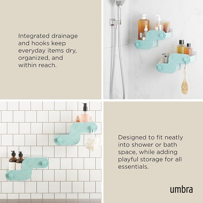 Umbra Nami Shower Caddy Set of 2 – Adhesive Shower Shelf, No Drill Wall Mounted Bathroom Organizer, Rust-Free Plastic Shower Storage Baskets for Shampoo & Toiletries, Ocean Blue