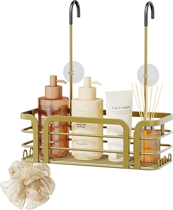 SWTYMIKI Shower Caddy Hanging Organizer - Over the Door Shower Caddy with 6 Hooks, 2 Installation Ways, Stainless Steel Rustproof Bathroom Organizer, Gold Small