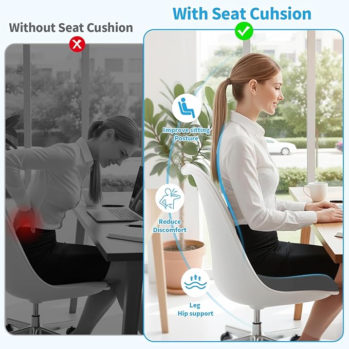 TranquilRelax XLarge Seat Cushion, Soft Foam Cushion for Long Sitting Hours on Office Chair, Home & Car, Non-Slip Chair Pad for Relieving Back & Sciatica & Hip & Coccyx Pain (Grey)