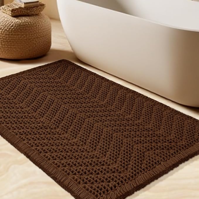 Waffle Bath Mat, Boho Woven Modern Bath Rug Absorbent Non Slip, Ultra Soft Bathroom Mats, Machine Washable Knit Bath Rugs with Herringbones for Bathroom, Bedroom, Kitchen, Shower, Tub, 36"x24", Brown