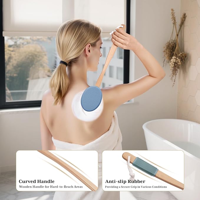 AmazerBath Lotion Applicator for Back, Feet, 4 Replacement Pads with 17" Curved Handle, Back Sunscreen Applicator for Kids, Elderly, Women, Apply Skin Cream Medicine Moisturizer Tanner, Slate Blue