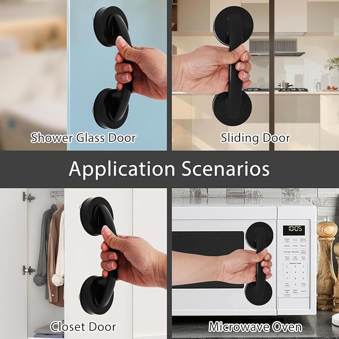 2 Pack Suction Cup Handle for Glass Door, Shower Grab Bar Without Drilling, Non-Marking Pull for Sliding Door Wardrobe Refrigerator Microwave Oven (Large,Black)
