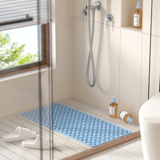 HITSLAM Bathtub Mat Non Slip, 35 x 16 Inch Long TPE Bath Mat for Tub, Efficient Drainage Bathroom Shower Mat with Suction Cups, Bath Tub Mat, Soft on Feet and Easy to Clean, Blue