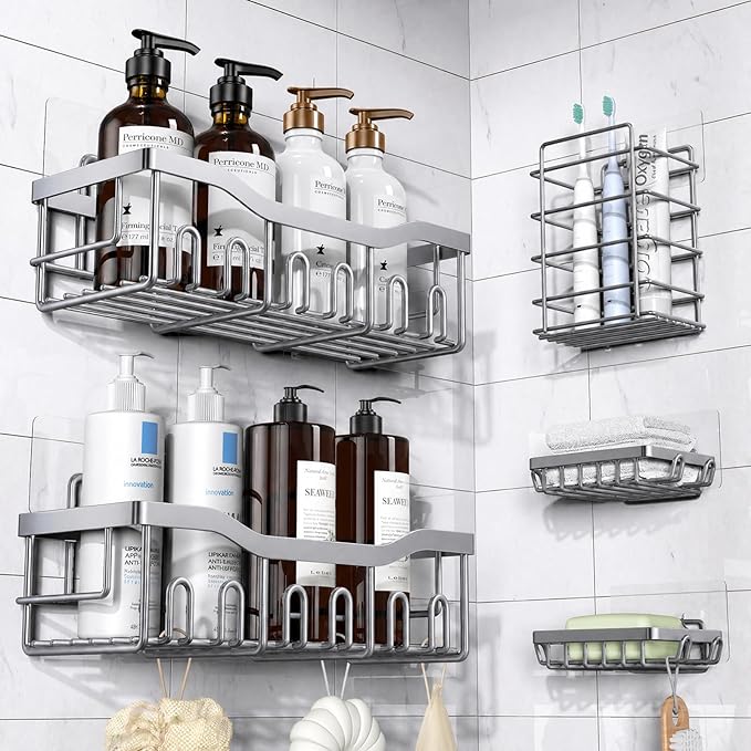 EUDELE 5-Pack Rustproof Stainless Steel Shower Caddy – No Drill Adhesive Bathroom Organizer with Large Capacity, Spacious Shower Shelves for Inside Shower, Kitchen & Home Decor Storage-XL Size