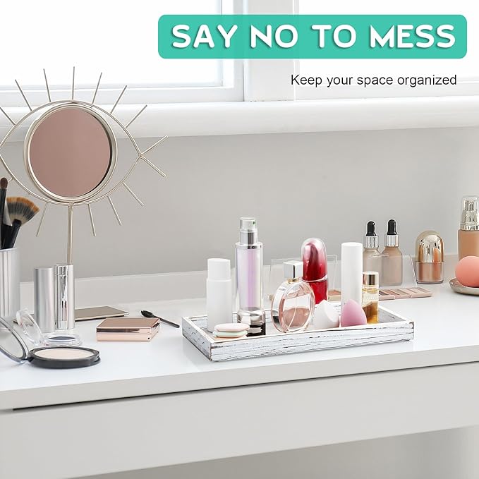 ALELION 13" White Bathroom Vanity Tray for Counter - Wood Decorative Tray for Toilet Tank Makeup Perfume Jewelry Catchall Table - Wooden Kitchen Countertop Organizer for Soap Dispenser
