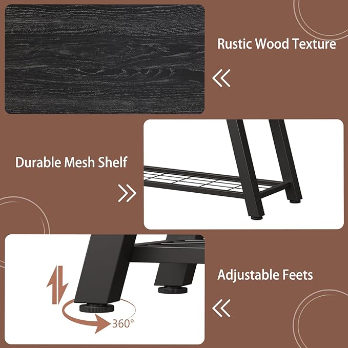 Oastreeful Industrial Entryway Bench Rustic Wood and Metal Storage Bench for Indoor Living Dining Room Bedroom Long Shoe Benches Seat (Charcoal Black)
