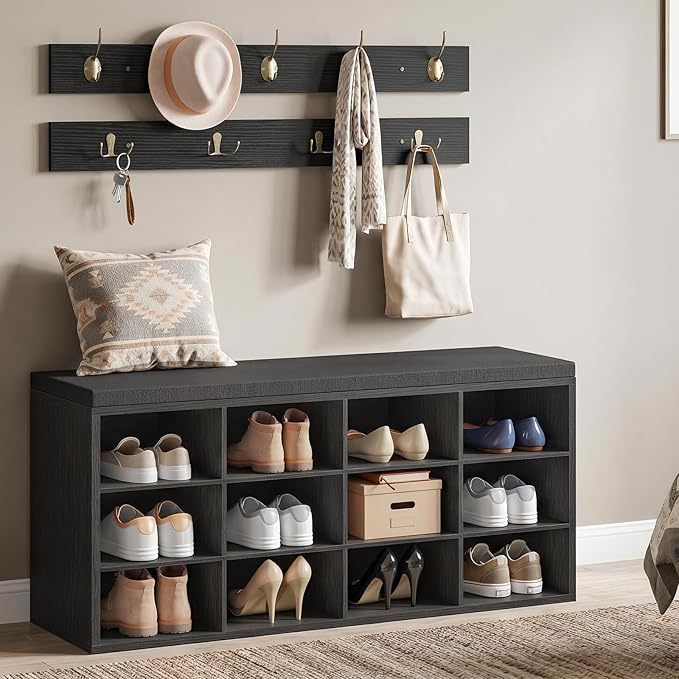 HOOBRO Shoe Storage Bench with Cushion, 39.4" L Entryway Bench with 12 Cubbies, Entryway Hall Tree with Storage, Cubby Shoe Rack Bench with Coat Rack for Hallway, Holds up to 330 lb, Black BB112HX01