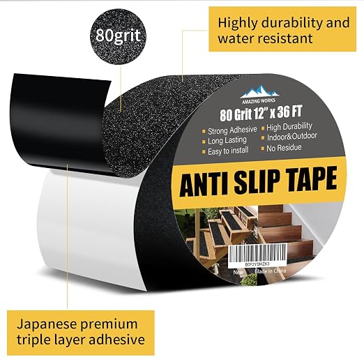 Grip Tape - Heavy Duty Anti Slip Tape, Grip Tape Grit Non Slip for Stairs Outdoor/Indoor, Waterproof High Traction Stairs Non Skid Tape, Durable Triple Layer Adhesive (12 Inch x 36 Feet)