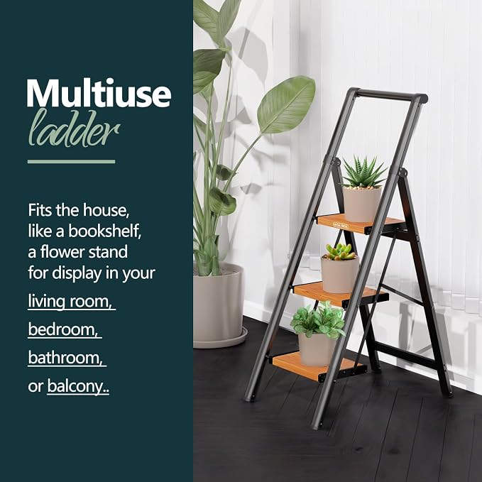 WOA WOA 3 Step Ladder, Ladders for Home, Anti-Slip Pedals, Aluminum Step Stool Foldable, Lightweight to Move, Ease of Storage, Reach 8ft for Closet Kitchen Library, Hold 300lbs - Black&Wood Grain