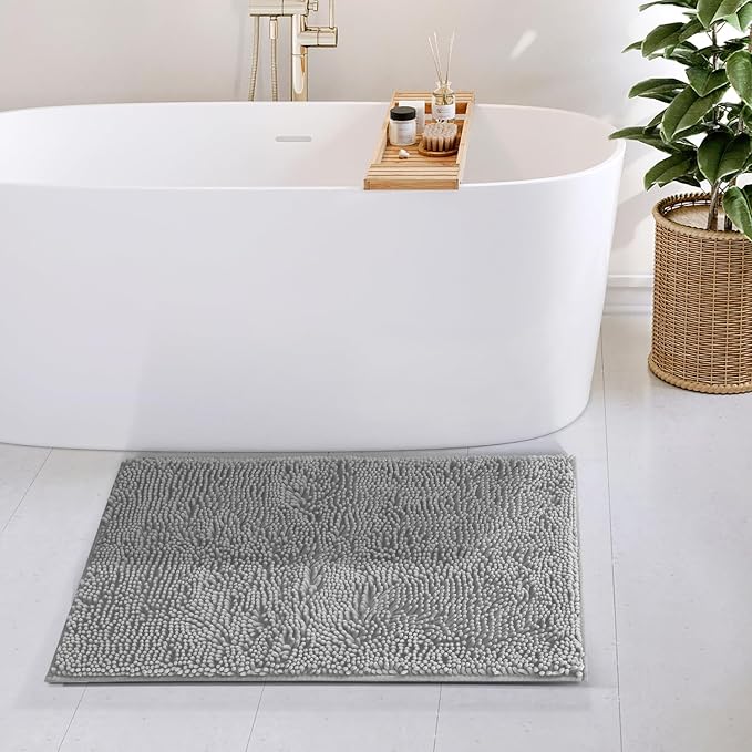 Hearth & Harbor Bathroom Rugs, Chenille Bath Mat - Machine Washable Bath Mats for Bathroom Non-Slip Backing Rubber, Quick Dry Bathroom Mat - Silver Bath Rug, 20x32
