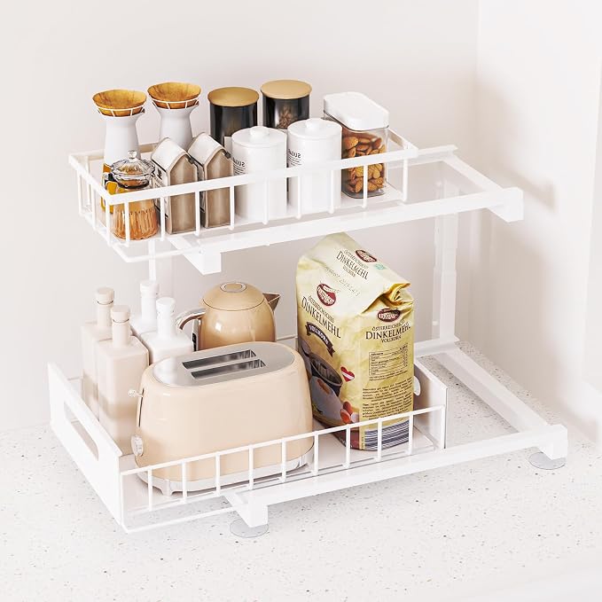 Under Sink Organizer, Heavy Duty Metal Pull Out Cabinet Organizer Slide Out Sink Shelf Organizer Height Adjustable, Multi-Purpose Storage Shelf for Kitchen Bathroom(White,2Pack)