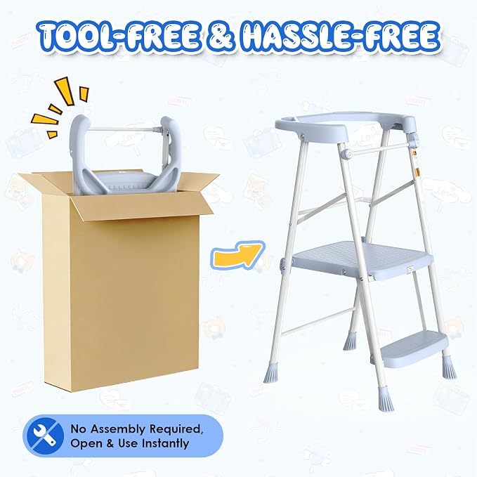 HBTower Kids 2 Steps Step Stool,Toddler Tower for Kitchen Counter Learning,Toddler Kitchen Stool Helper with Anti-Drop Safty Railing Kids Standing Folding Stepper(Blue)