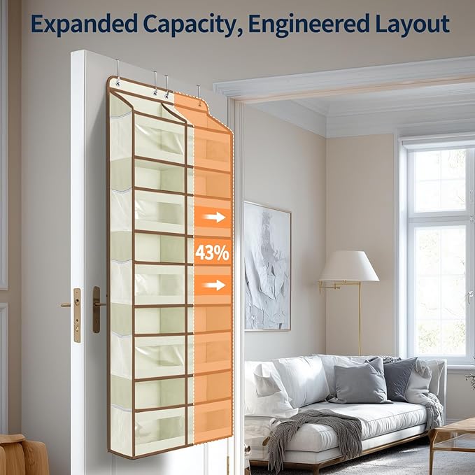 Yecaye 5-Tier Over The Door Organizer Dual-Column, 80lbs Load Over the Door Storage of 10 Compartments, Heavy Duty Extra Large Door Organizer Hanging for Bedroom Dorm Bathroom Pantry, Beige, 1 Pack