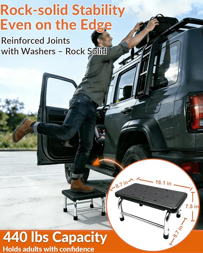 Step Stool, 440 lbs Heavy Duty Stainless Steel, Non-Skid HDPE Platform for Adults, Lightweight Portable Foot Stool for Kitchen Bathroom Bedroom RV Home Office