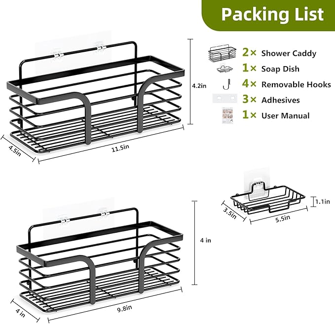 Yougai Shower Caddy, Shower Organizer with Soap Holder and Hooks, Rustproof Shower Shelves, No Drilling Bathroom Organizers and Storage, Wall-Mounted Kitchen & Home Decor (Black)