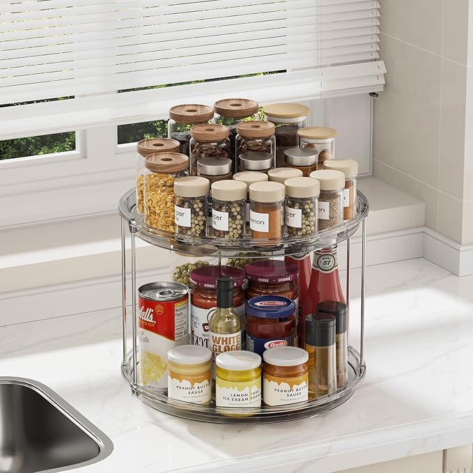 LAMU 2 Tier Lazy Susan Organizer 12 inch Large Lazy Susan Turntable Rotating Spice Rack Organization for Cabinet, Kitchen, Pantry, Countertop, Bathroom, Vanity, Medicine Cabinet Organizer, Grey