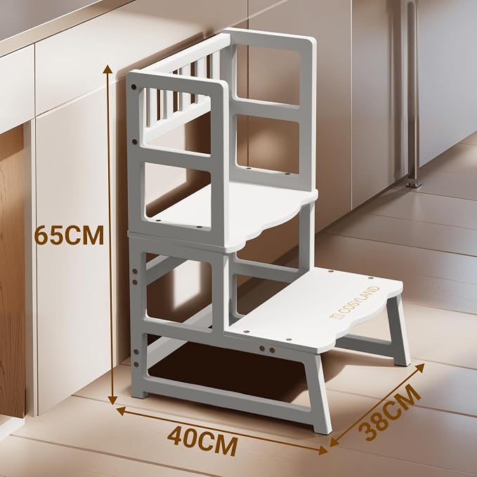 COSYLAND Toddler Step Stool with Removable Protective Side Guard – Stable Kid's Learning Stool for Bathroom Potty, Kitchen, Bedroom – Counter Helper with Armrest – White