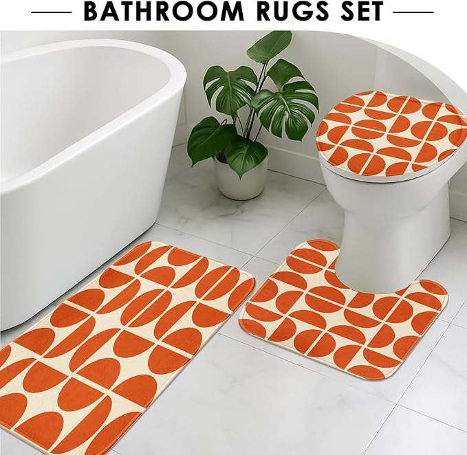 Orange Boho Mid Century Shower Curtain Set with Toilet Lid Cover and Non-Slip Rugs, Abstract Geometric Art 4 Pcs Modern Minimalist Vintage Shower Curtain for Bathroom Set with 12 Hooks