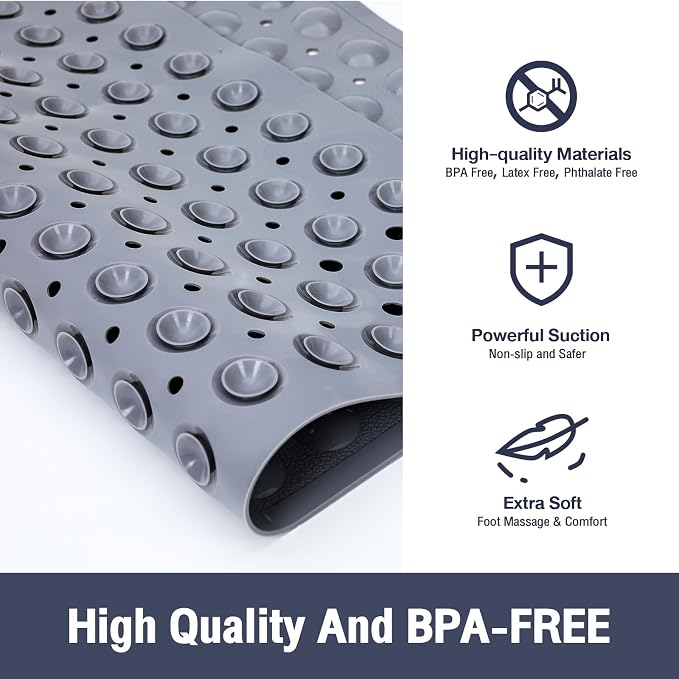 Gray Square Shower Bathtub Mat Non Slip 21x21 Inch, Soft Bath Mat for Inside Shower Tub, Shower Stall Mats for Bathroom Floor with Big Suction Cups Drain Holes, Easy Washable Dry BPA-Free