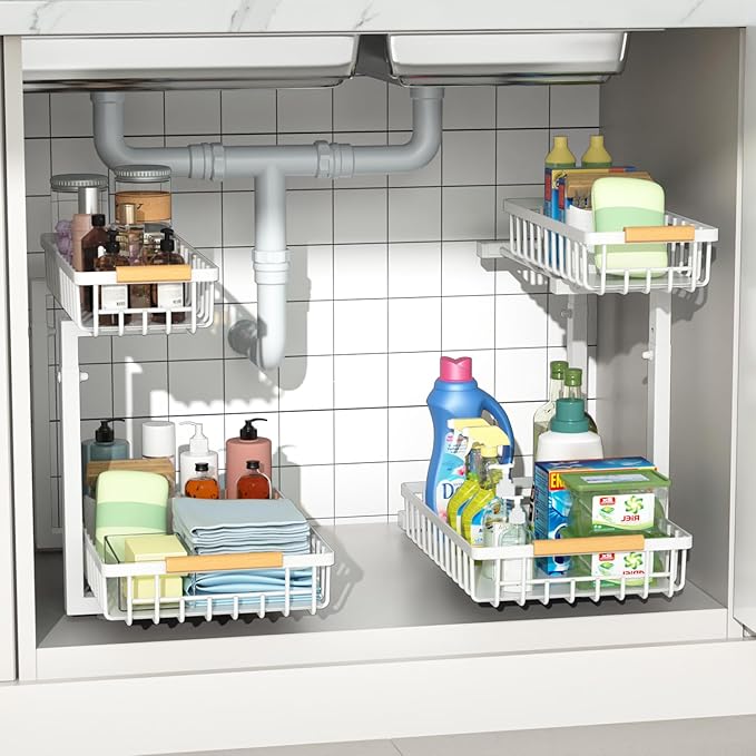 Merrylun Under Sink Organizers,5 Adjustable Height，Metal Pull Out Under Sink Organizers and Storage Shelves with Sliding Drawer 2 pack, White