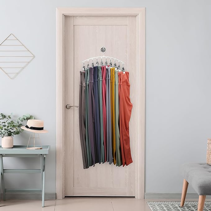 Legging Organizer for Closet, Metal Yoga Pants Hanger w/Rubber Coated 4 Pack w/10 Clips Hold 40 Leggings, Hangers Space Saving Hanging Closet Organizer for Closet Organizers and Storage-White