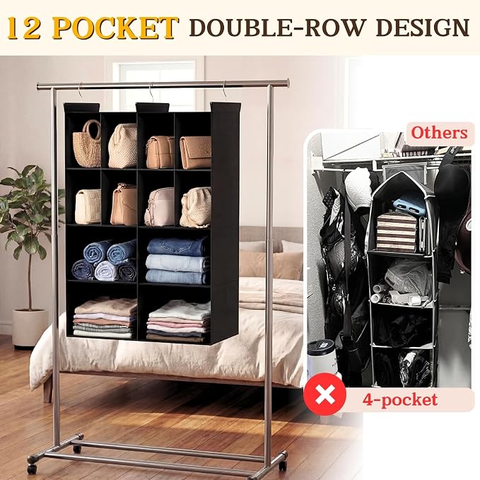 Ofiray-home 4 Tier Hanging Closet Organizer, 12 Compartments Sweater Organizer for Closet with 3 Sturdy Hooks, Closet Organizers and Storage, Wardrobe, Rv, Garment Rack, Black