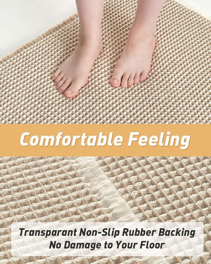 AMOAMI Upgraded Waffle Bath Mat, Super Absorbent Non Slip Bath Mats for Bathroom Floor, Washable Bathroom Rugs with Tassels, Rubber Backed Bathroom Mats, Ultra Soft, 20" x 32", Brown & Cream