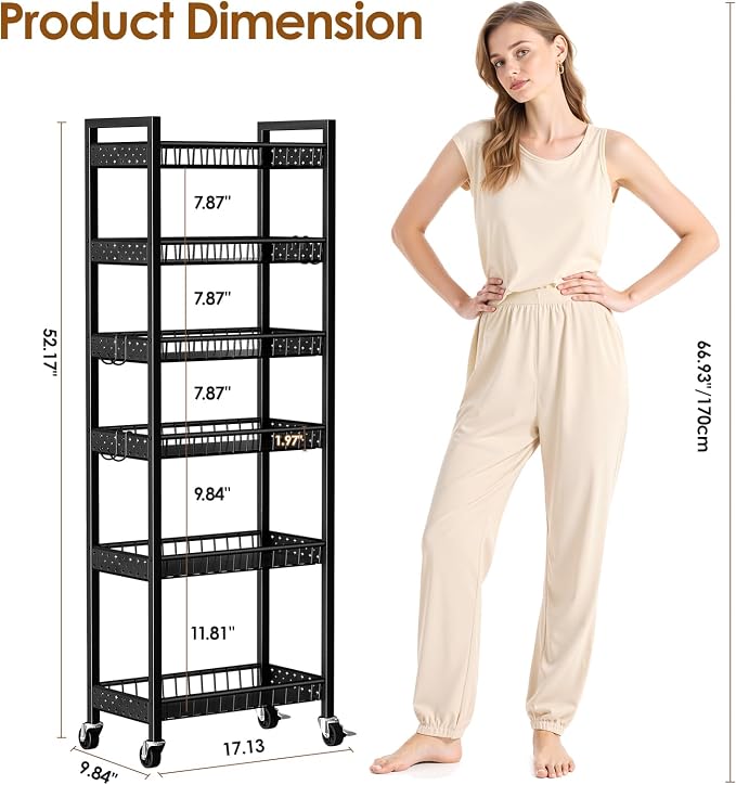 6 Tier Slim Storage Cart, Narrow Rolling Cart with Wheels, Narrow Mobile Utility Shelf Unit Organizer for Kitchen, Bathroom, Laundry Room, Living Room, Small Places, 10in(W), Black