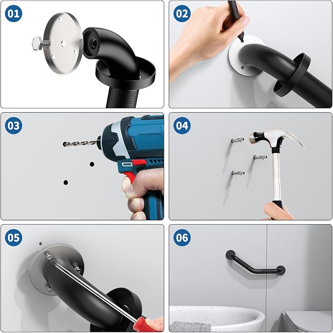16 Inch Angled Shower Grab Bar Black, Munzong 2 Pack Anti Slip Bathroom Grab Bar, Knurled Bathroom Balance Bar,Safety Hand Rail Support Handicap Elderly Injury Senior Assist Bath Handle-1.25” Tube