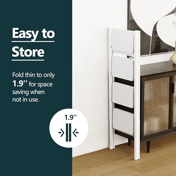 WOA WOA Step Ladder for Home, Foldable Step Stool for Kitchen with Non-Slip Pedals, Sturdy Ladders Supports up to 330 lbs, Compact and Portable - 4 Step/White