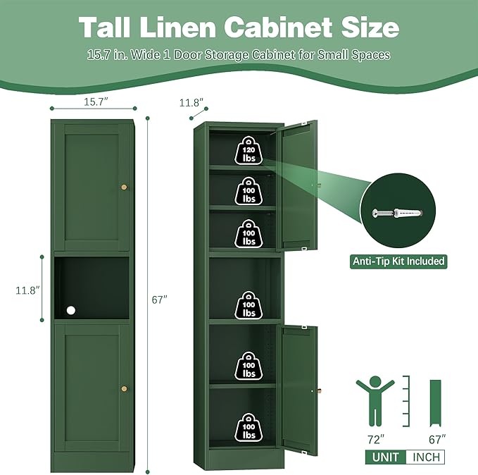 Bevivog Metal Kitchen Pantry Cabinet for Small Space, 67" Tall Storage Cabinets with 2 Doors and Adjustable Shelves, Freestanding Narrow Bathroom Cabinet, 15.7" W Slim Pantry