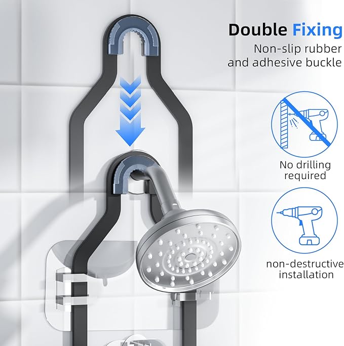 GearFusion Aluminum Hanging Shower Caddy for Handheld Shower Heads | Rustproof Bathroom Organizer Rack, Adjustable Shower Shelf Over the Showerhead Caddy Storage with Hooks Soap Baskets, Black