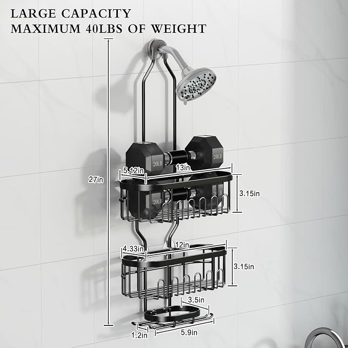 CICUFY Shower Caddy Hanging, Rustproof Bathroom Shower Organizer Hanging, No Drilling Over the Shower Head Caddy with Hooks for Razor, Shower Shampoo Holder with Soap Basket, Black
