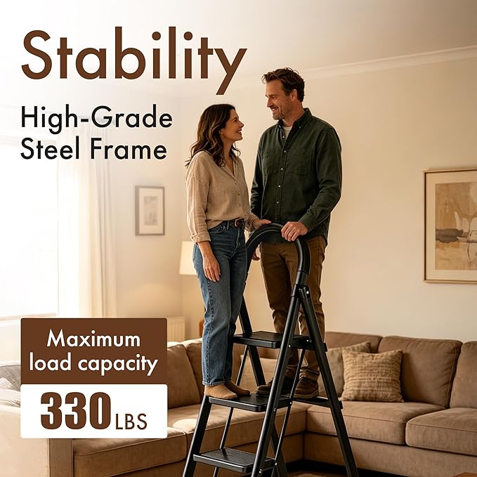 Folding Step Ladder, 4-Step Multi-Functional Alloy Ladder, Heavy Duty Metal, Wide Pedals, Anti-Slip, Collapsible to 5cm, with Tool Rack & Sponge Handrail for Home, Indoor & Engineering Use