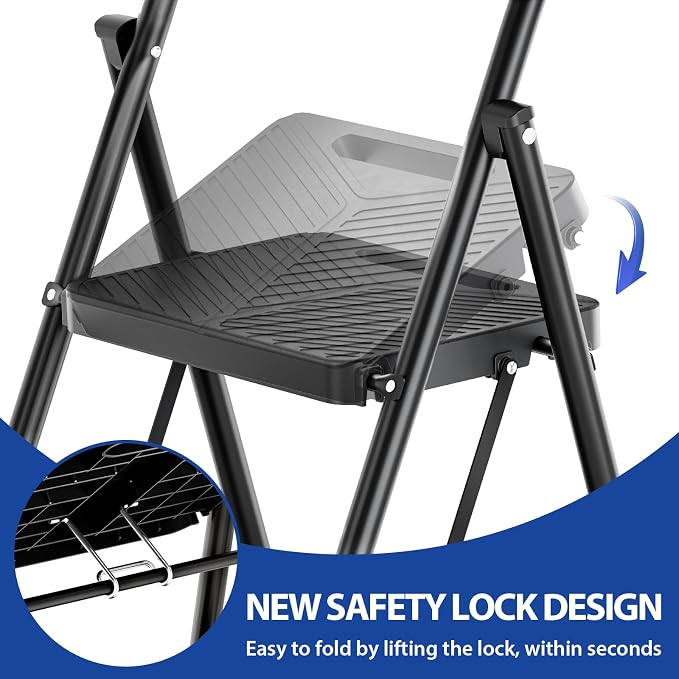 KINGRACK Folding 4 Step Ladder, Portable Ladder for Multi-Purpose, Home, Kitchen, Heavy Sturdy Steel Step Stool with Anti-Slip Wide Pedals, Handrail, Safe-Lock Design, Pass 500lbs Load Testing, Black