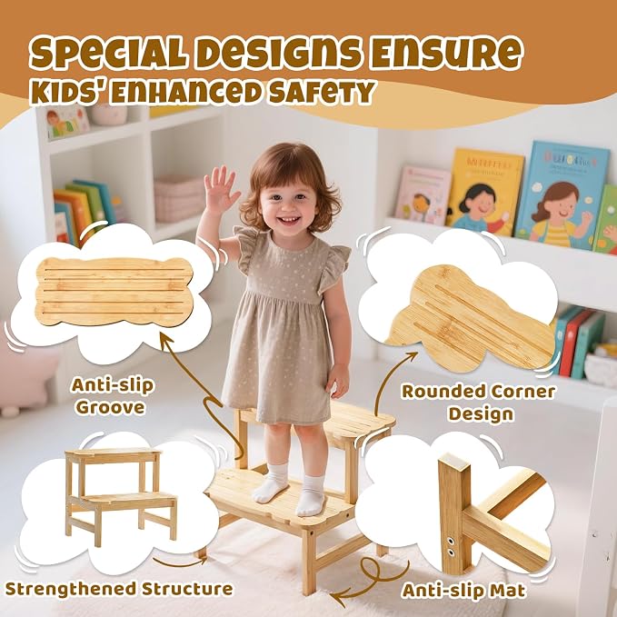 COSYLAND Step Stool for Toddlers - Two Step Stools Toddler 300 lbs Capacity with Safety Non-Slip Design, Natural Step Stool for Bathroom, Kitchen Dual Height Step Stools for Kids Natural