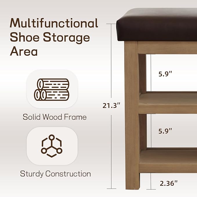 Zihanhome Shoe Rack Bench with Leather Cushion, 2 Tier Solid Wood Storage Bench, Mid-Century Modern Shoe Bench for Entryway, Hallway, Closet, Front Door Entrance, Foyer (Dark Brown, 39.4")