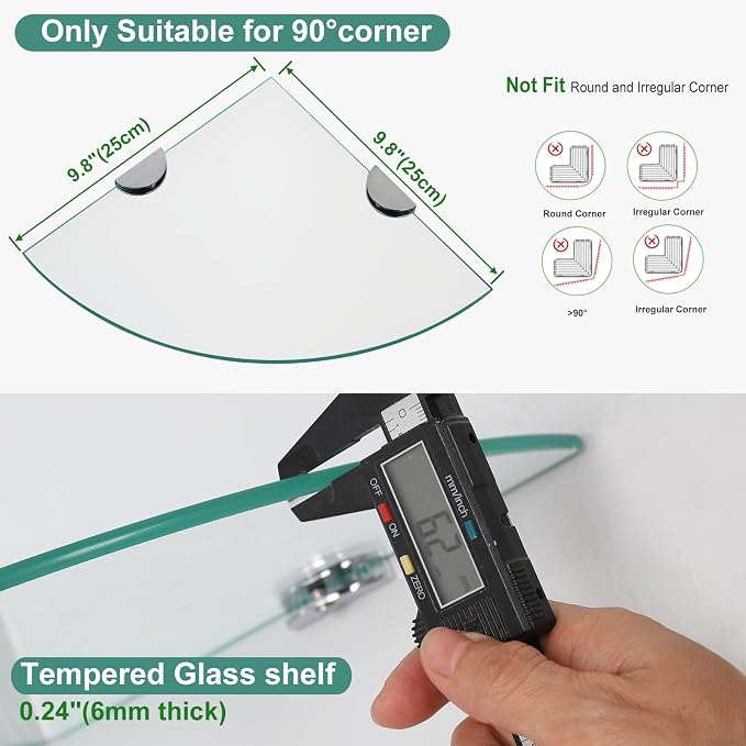 3 Pack Glass Corner Shower Shelves, Tempered Floating Glass Shelves Wall Mount, Shower Caddy Organizer, Bathroom Corner Shelf with Zinc Alloy Brackets for Bathroom, Kitchen, Living Room