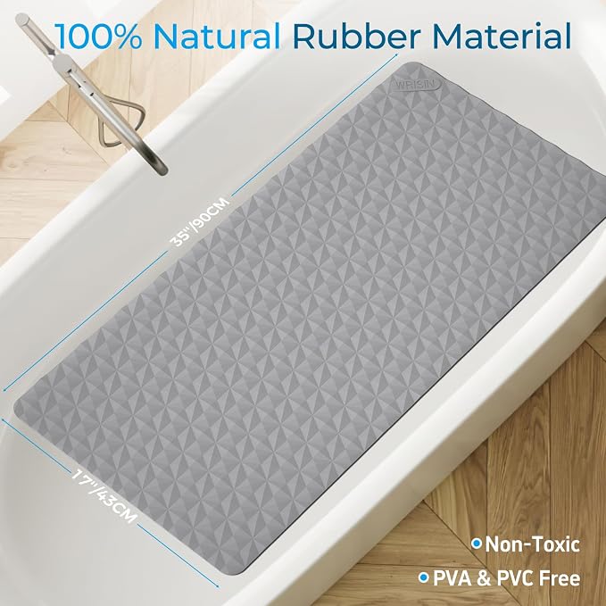 Non Slip Bathtub Mat for Bath Tub Shower - Natural Rubber Mat with Suction Cups - Large Soft Bathroom Safety Mat - Unique Diamond Pattern - Fatigue Relief - Machine Washable - 17 × 35 Inch